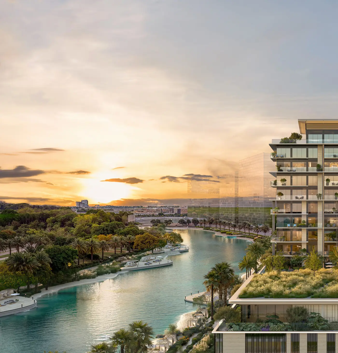 Apartment terraces above a canal at sunset