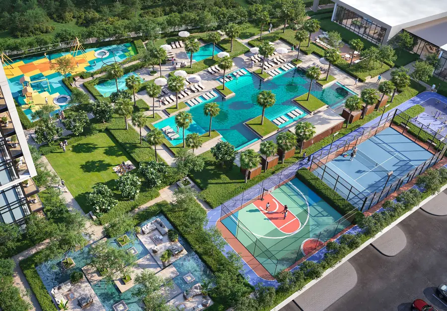 Sierra's landscaped amenity deck with pools and courts