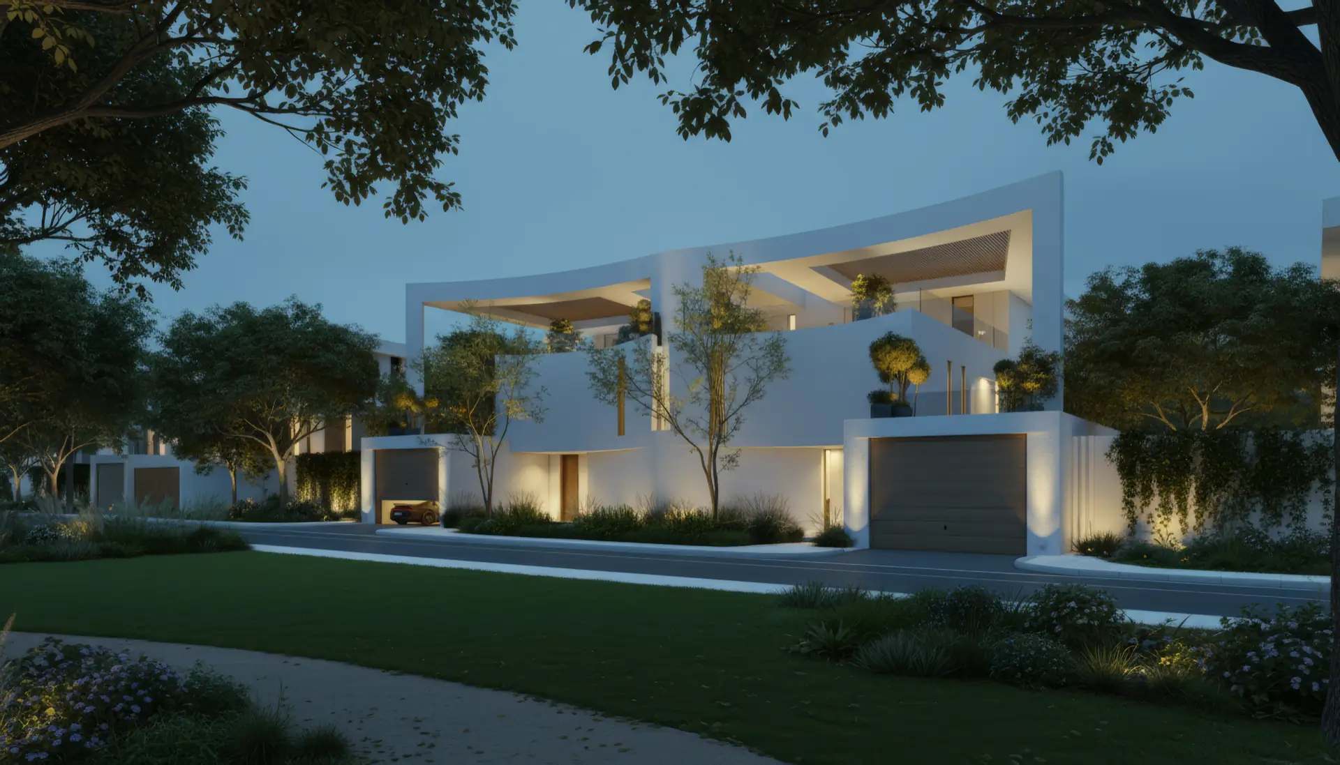 Villa exterior at dusk in a Dubai villa community