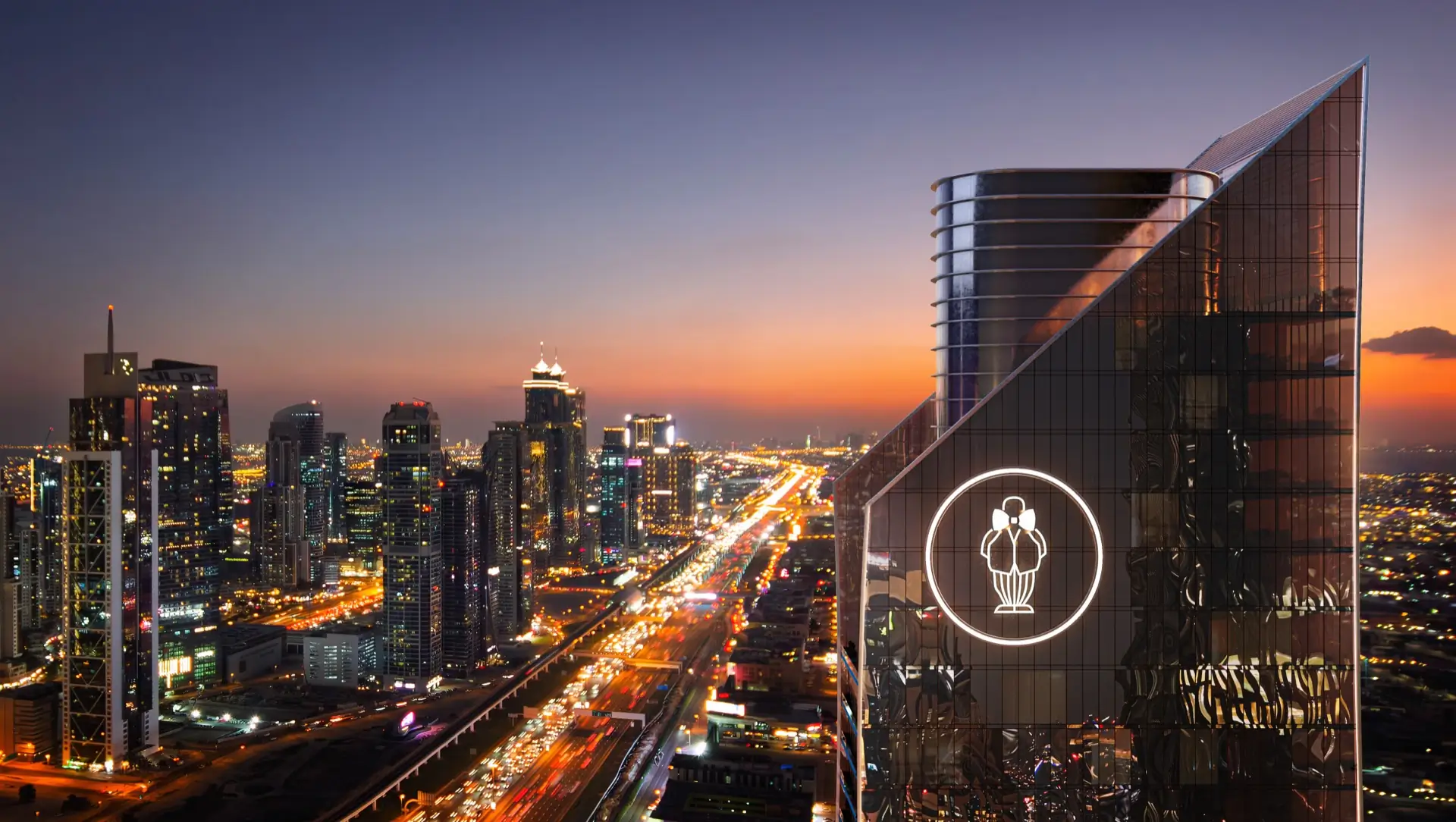 Dubai towers on Sheikh Zayed Road at dusk