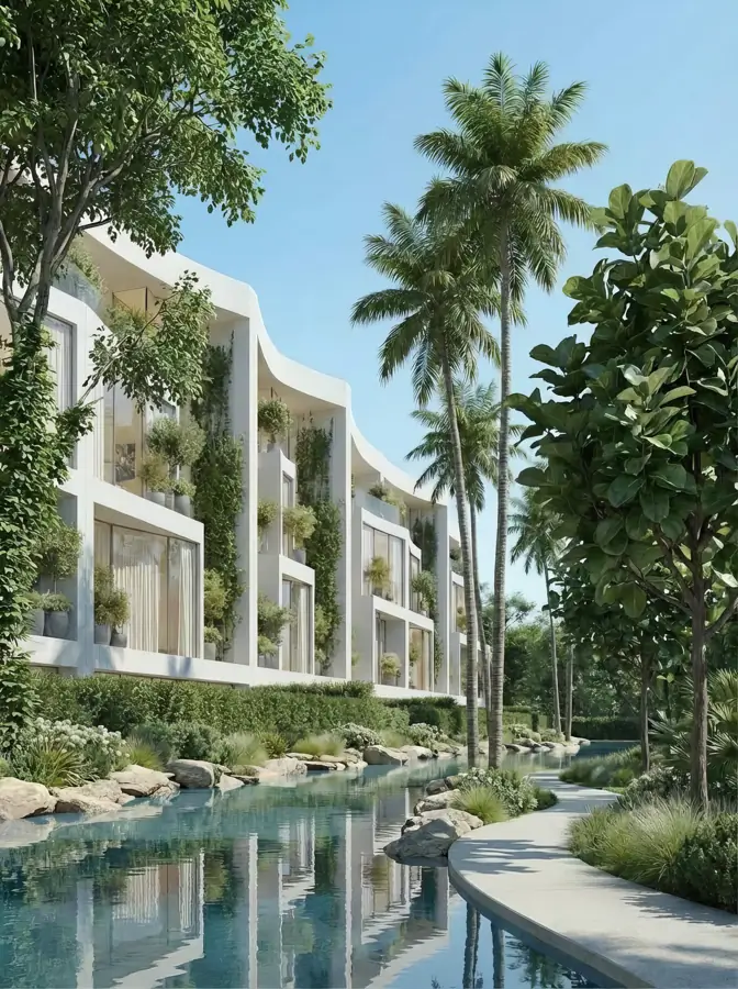 Waterway running past villa terraces at Lunaya