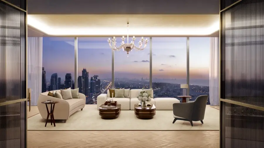Residence living room overlooking the Downtown Dubai skyline