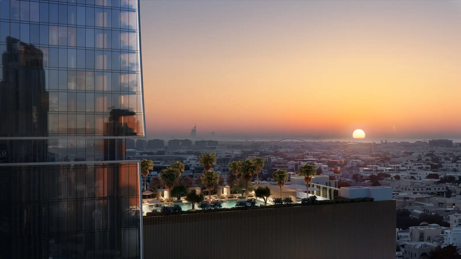 Rooftop pool terrace above Dubai at sunset