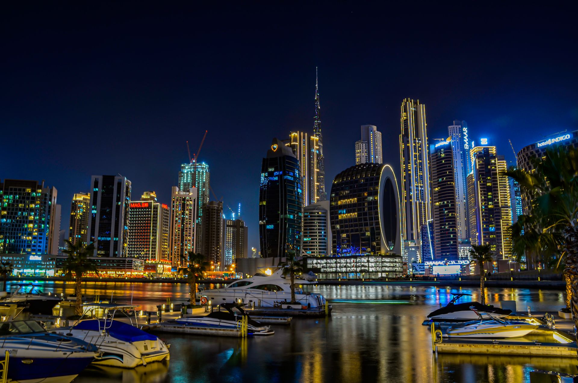 Dubai Business Bay skyline illuminated at night